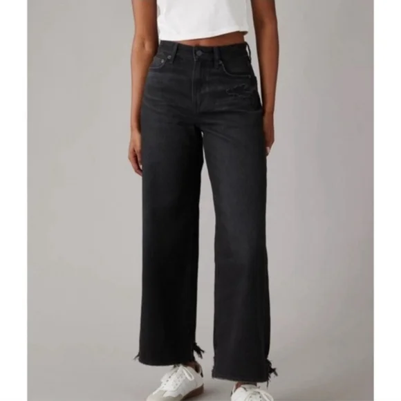 American Eagle Womens Super High Rise Baggy Wide Leg Ankle Jeans Black Sz 12 R - Picture 10 of 10